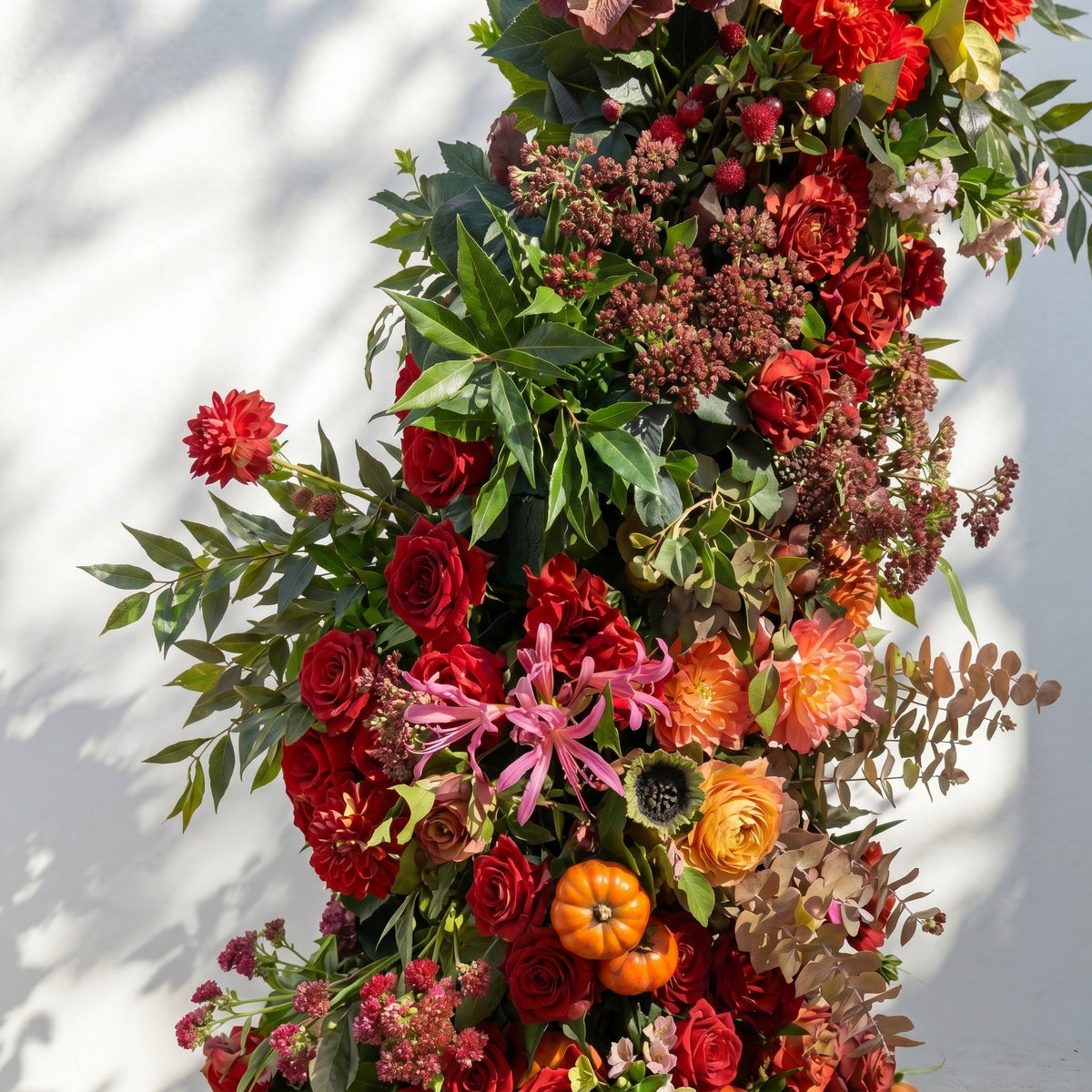 Pervia Horn Arch: Autumn Style Luxury Red & Orange Color Floral Arch for Elegant for Elegant Weddings & Events Decor Incuding Frame | Event Floral Decor