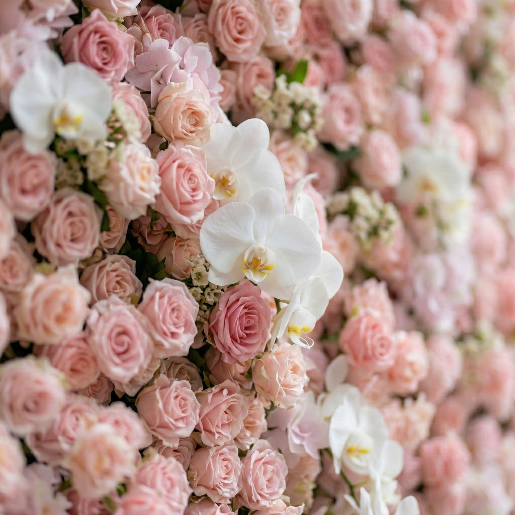 Sabine: 5D Blush Pink Silk Rose Flower Wall with White Orchid for Elegant Weddings & Ballroom Receptions Free Shipping