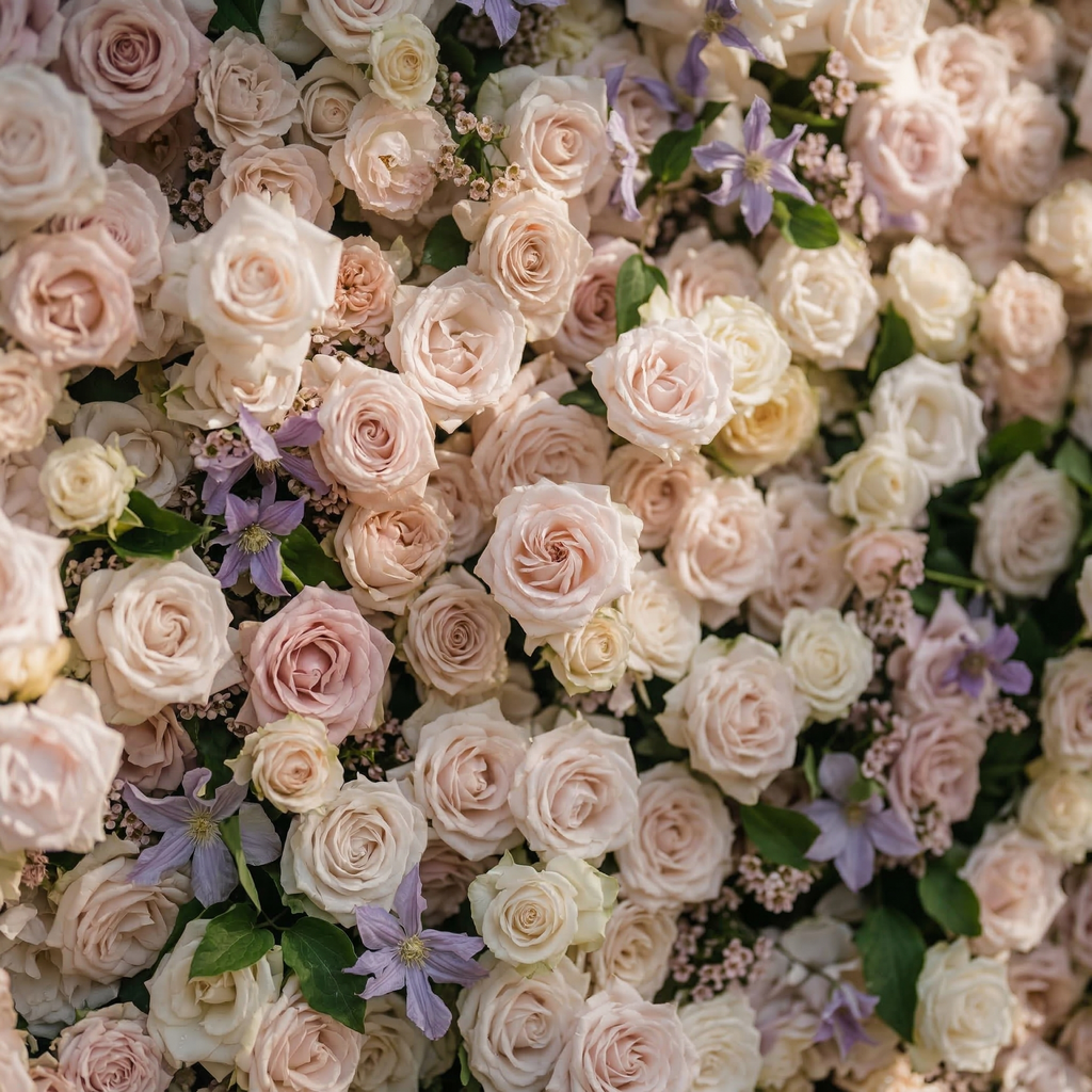 Selira: 5D Creamy Blush and Soft Lilac Silk Rose Flower Wall Roll-Up Fabric Backdrop for Elegant Events & Parties Free Shipping
