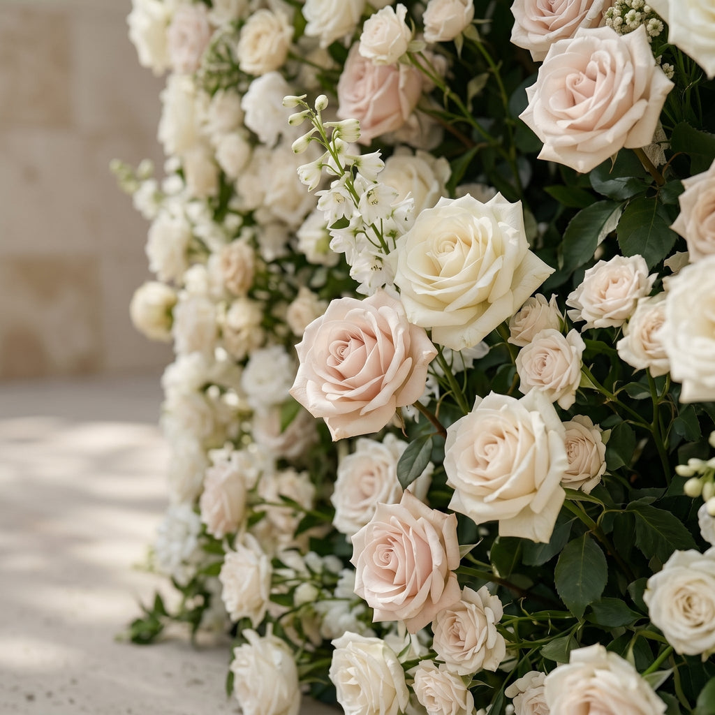 Sirenbelle:Luxury 5D Cream & Ivory Silk Floral Wall Roll-Up Backdrop for Timeless Elegant Weddings Free Shipping