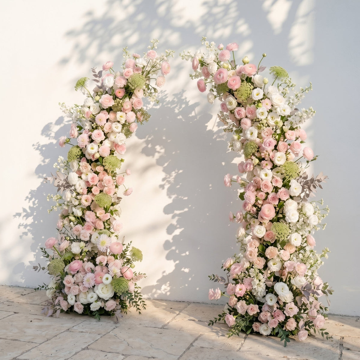 Sorelia: Luxury Blush Pink, Ivory White & Soft Sorelia Silk Floral Ground Horn Arch Arrangement with Lush Cascading Greenery for Romantic Minimalist Weddings & Garden Event Decor Frame Included