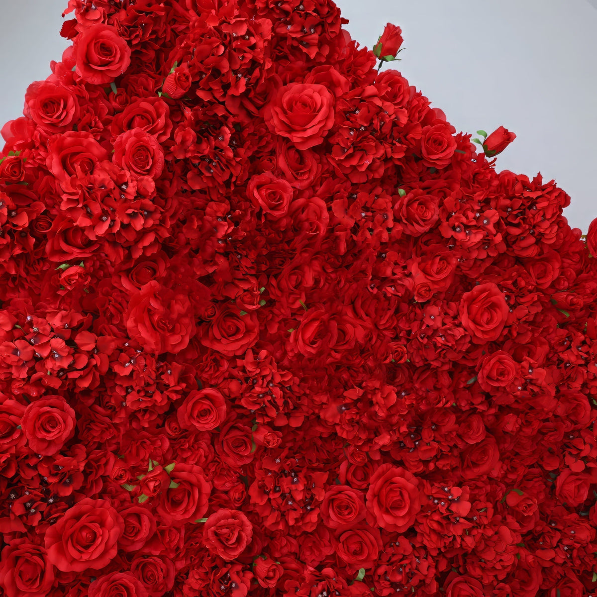 Valar Flowers Presents: Red Blossom Bliss – A Dense Array of Roses in an Artificial Fabric Flower Wall-VF-157-3