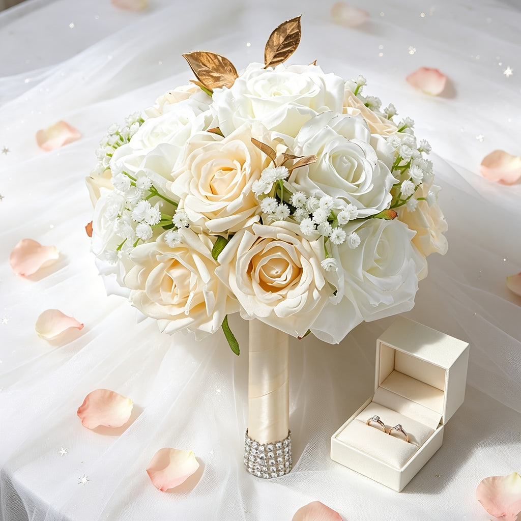 Champagne White Artificial Bridal Wedding Bouquet - Round Rose Bouquet Suitable for Bohemian Weddings, Outdoor Receptions, Bridal Showers, Long-Lasting Roses with Table Centerpiece Decor for Valentine' Day, Thanksgiving, UV Resistant