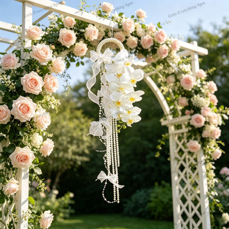 White Phalaenopsis Cascade Bridal Bouquet Artificial Wedding Hand Bouquet Pearl Handle Long Tassel Ribbon Bow Decor Formal Wedding Ceremony Bridesmaid Flower Accessory