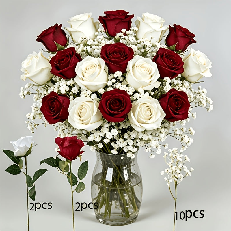 14pcs Red And White Mixed Rose Artificial Flower Bouquet: 10pcs White Baby'S Breath, 2pcs Red Roses, 2pcs White Roses. High-End Artificial Flowers, Never Wilt, Zero Maintenance Required. Suitable for Valentine'S Day, Christmas, New Year'S Parties