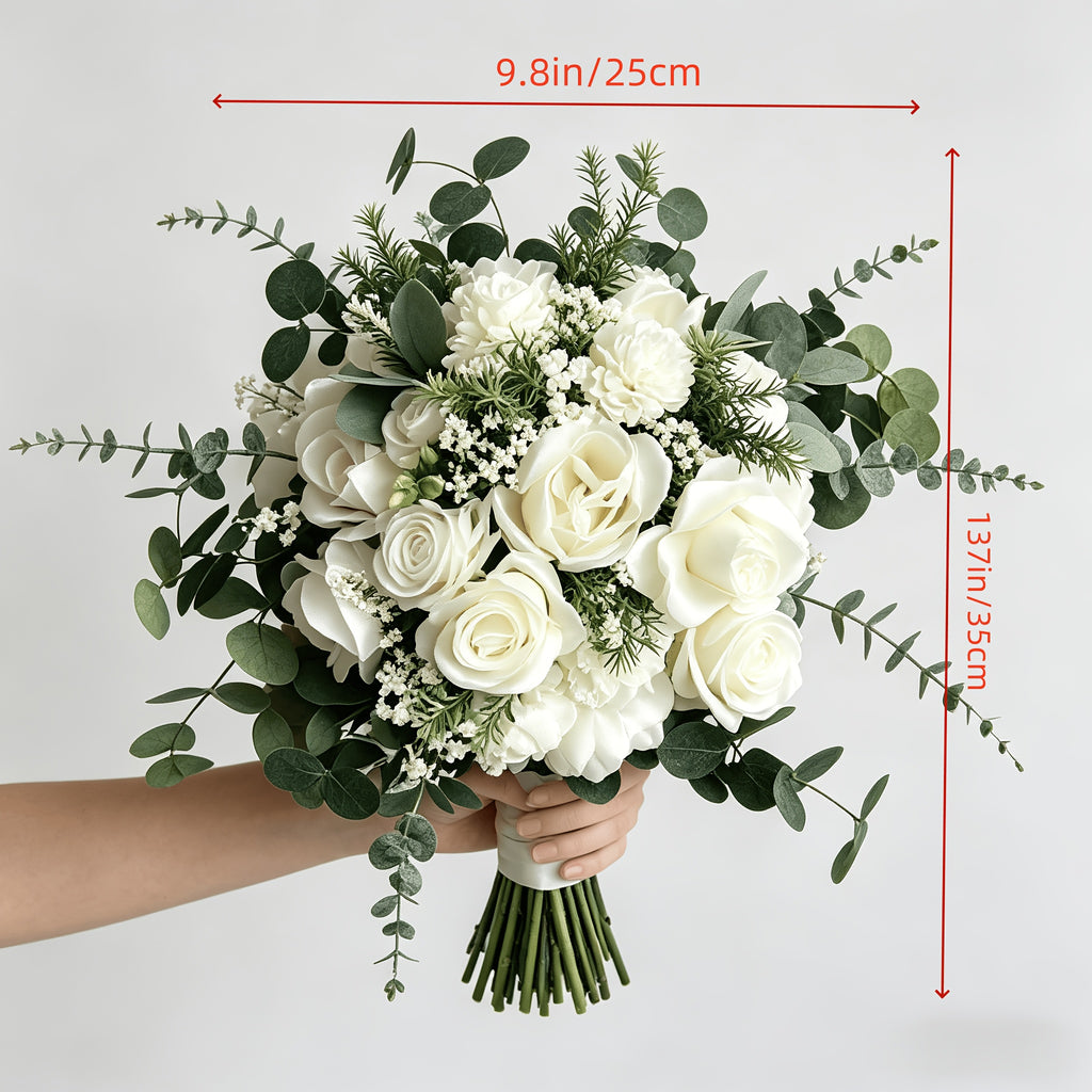 Forest-style White and Green Bridal Bouquet, Artificial White Roses with Eucalyptus Leaves, Reusable Bouquet, Wedding Certificate Photo Prop, Bridesmaid Bouquet