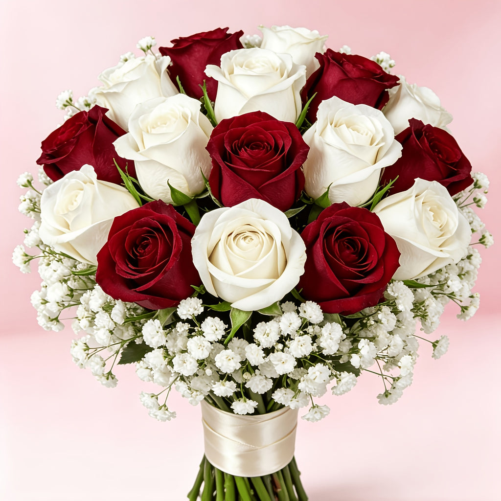 14pcs Red And White Mixed Rose Artificial Flower Bouquet: 10pcs White Baby'S Breath, 2pcs Red Roses, 2pcs White Roses. High-End Artificial Flowers, Never Wilt, Zero Maintenance Required. Suitable for Valentine'S Day, Christmas, New Year'S Parties