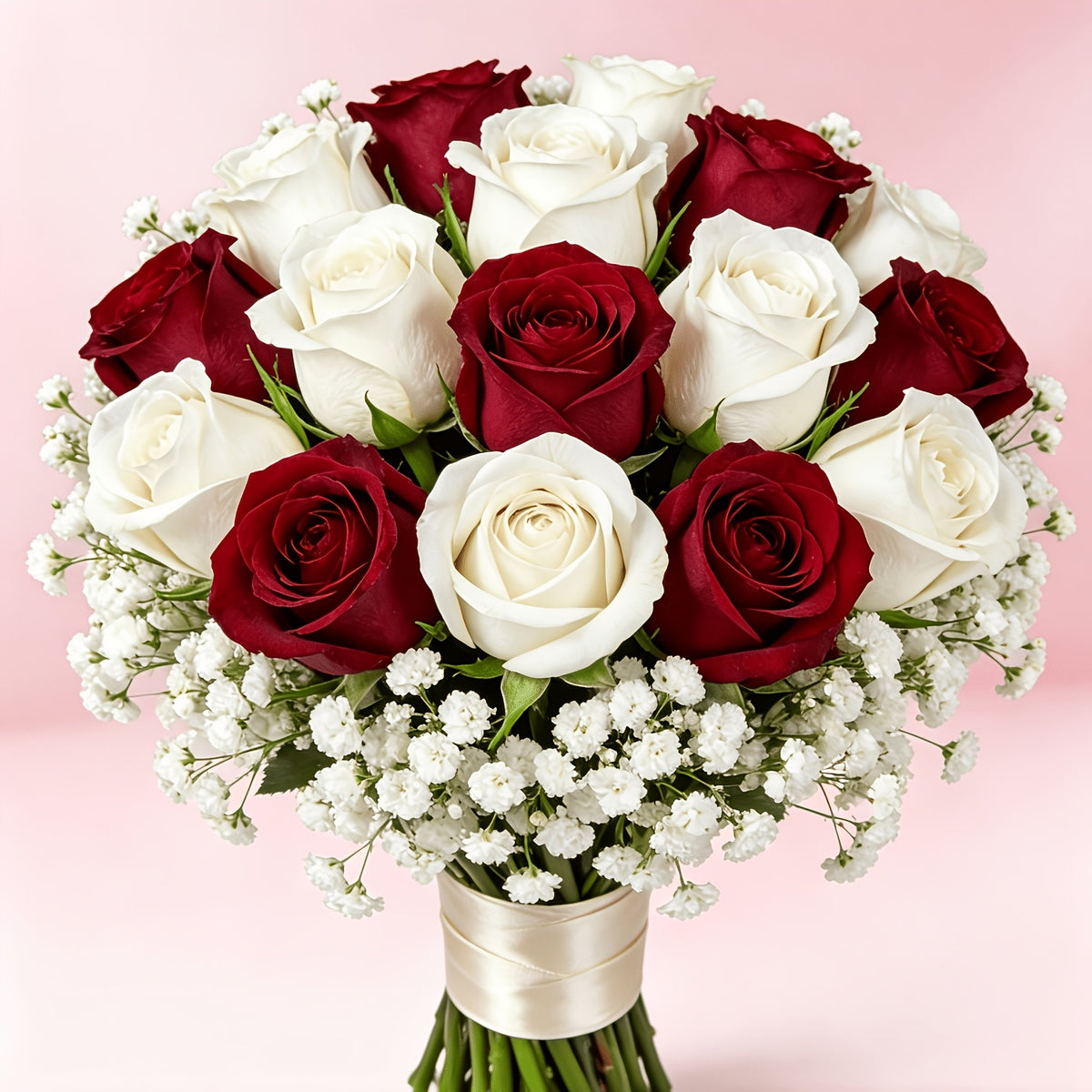 14pcs Red And White Mixed Rose Artificial Flower Bouquet: 10pcs White Baby'S Breath, 2pcs Red Roses, 2pcs White Roses. High-End Artificial Flowers, Never Wilt, Zero Maintenance Required. Suitable for Valentine'S Day, Christmas, New Year'S Parties