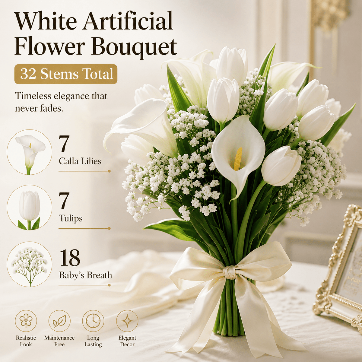 32pcs Artificial White Flower Bouquet, Fake Calla Lily Tulip Baby's Breath Mix Arrangement, Wedding Bridal Handheld Bouquet for Ceremony Home Table Centerpiece Party Decor