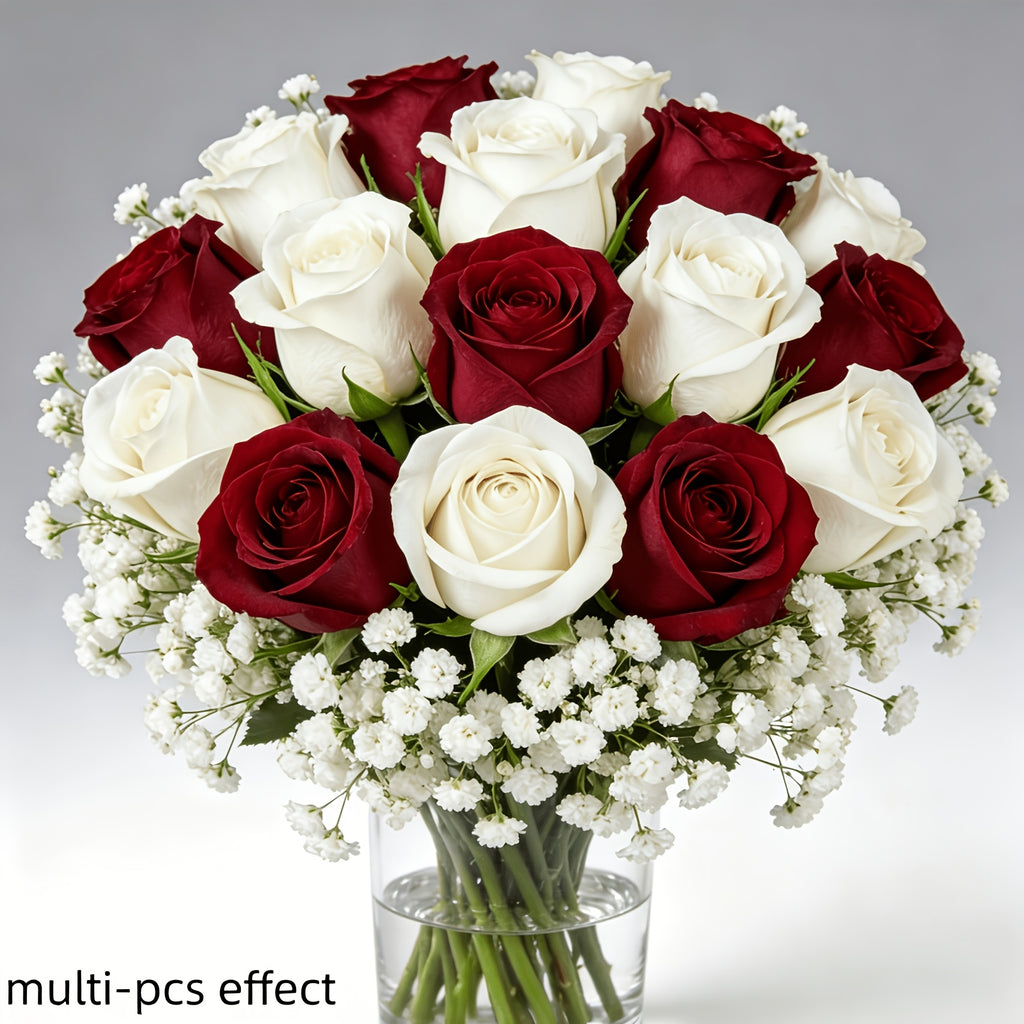 14pcs Red And White Mixed Rose Artificial Flower Bouquet: 10pcs White Baby'S Breath, 2pcs Red Roses, 2pcs White Roses. High-End Artificial Flowers, Never Wilt, Zero Maintenance Required. Suitable for Valentine'S Day, Christmas, New Year'S Parties
