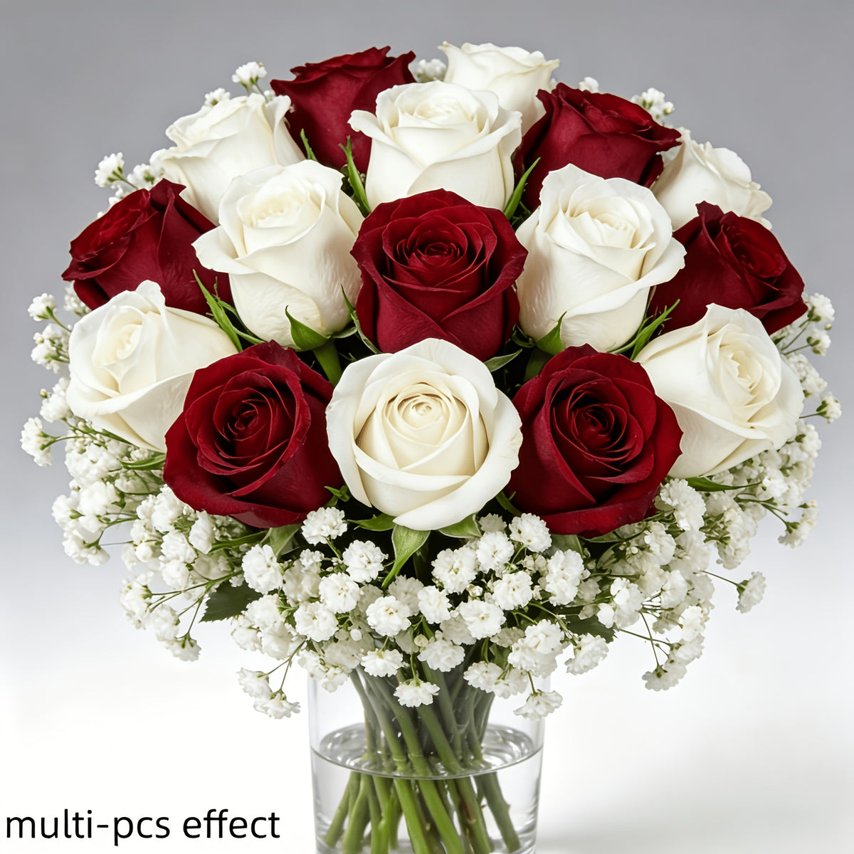 14pcs Red And White Mixed Rose Artificial Flower Bouquet: 10pcs White Baby'S Breath, 2pcs Red Roses, 2pcs White Roses. High-End Artificial Flowers, Never Wilt, Zero Maintenance Required. Suitable for Valentine'S Day, Christmas, New Year'S Parties