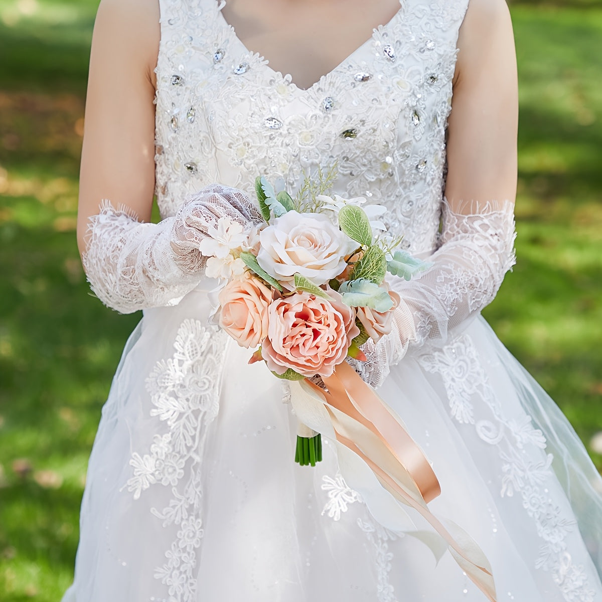 Champagne Artificial Wedding Bouquet for Bride, Fake Rose Peony Bridal Hand Bouquet with Eucalyptus Leaf, Champagne Cream Ribbon Tied Wedding Photo Prop, Boho Country Wedding Bridesmaid Holding Flower, Engagement Bridal Shower Decor