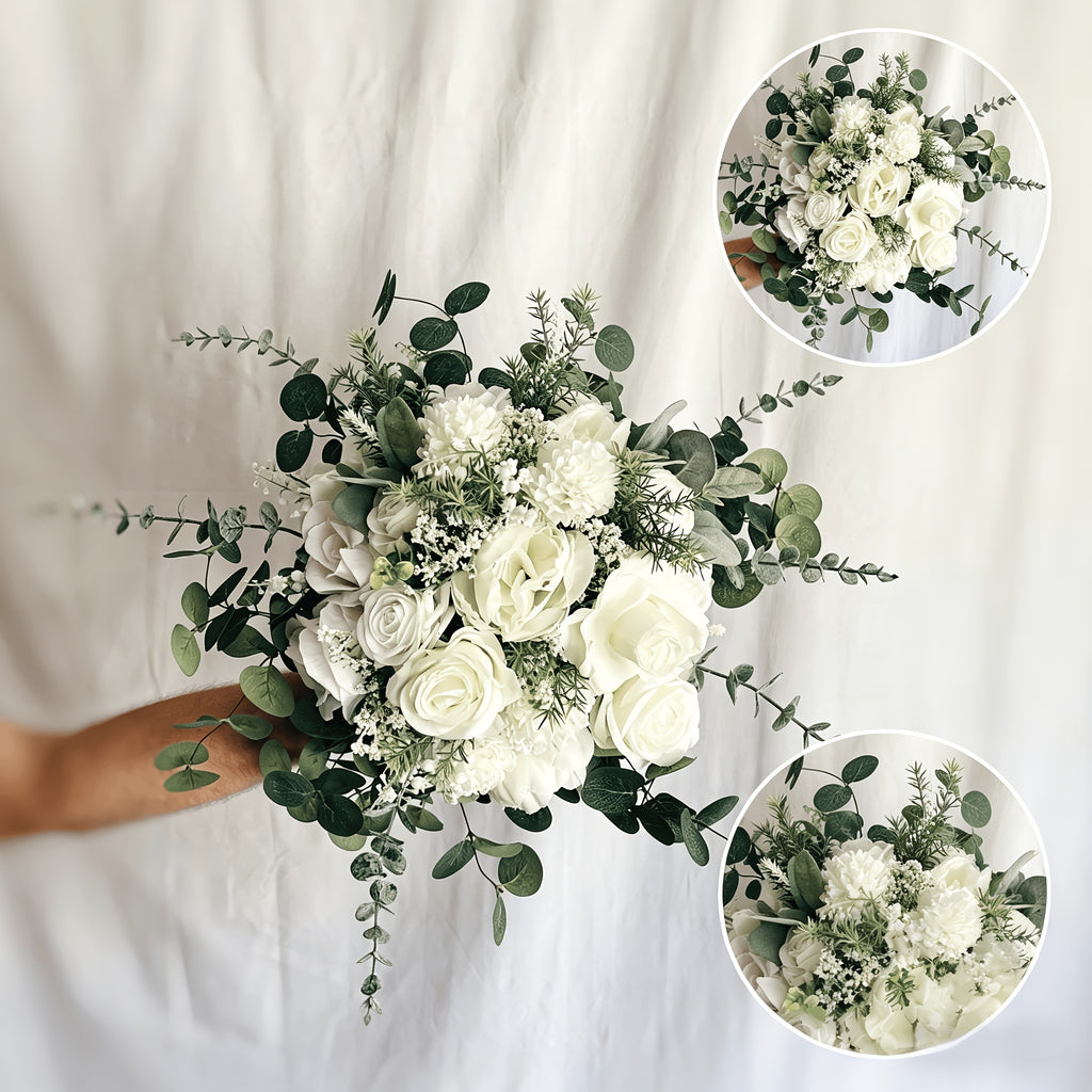 Forest-style White and Green Bridal Bouquet, Artificial White Roses with Eucalyptus Leaves, Reusable Bouquet, Wedding Certificate Photo Prop, Bridesmaid Bouquet