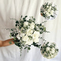 Forest-style White and Green Bridal Bouquet, Artificial White Roses with Eucalyptus Leaves, Reusable Bouquet, Wedding Certificate Photo Prop, Bridesmaid Bouquet
