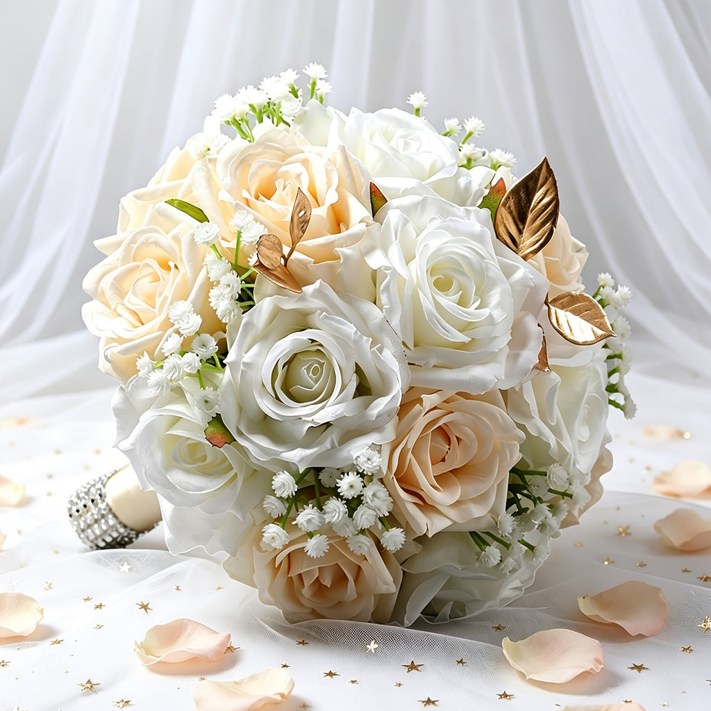 Champagne White Artificial Bridal Wedding Bouquet - Round Rose Bouquet Suitable for Bohemian Weddings, Outdoor Receptions, Bridal Showers, Long-Lasting Roses with Table Centerpiece Decor for Valentine' Day, Thanksgiving, UV Resistant