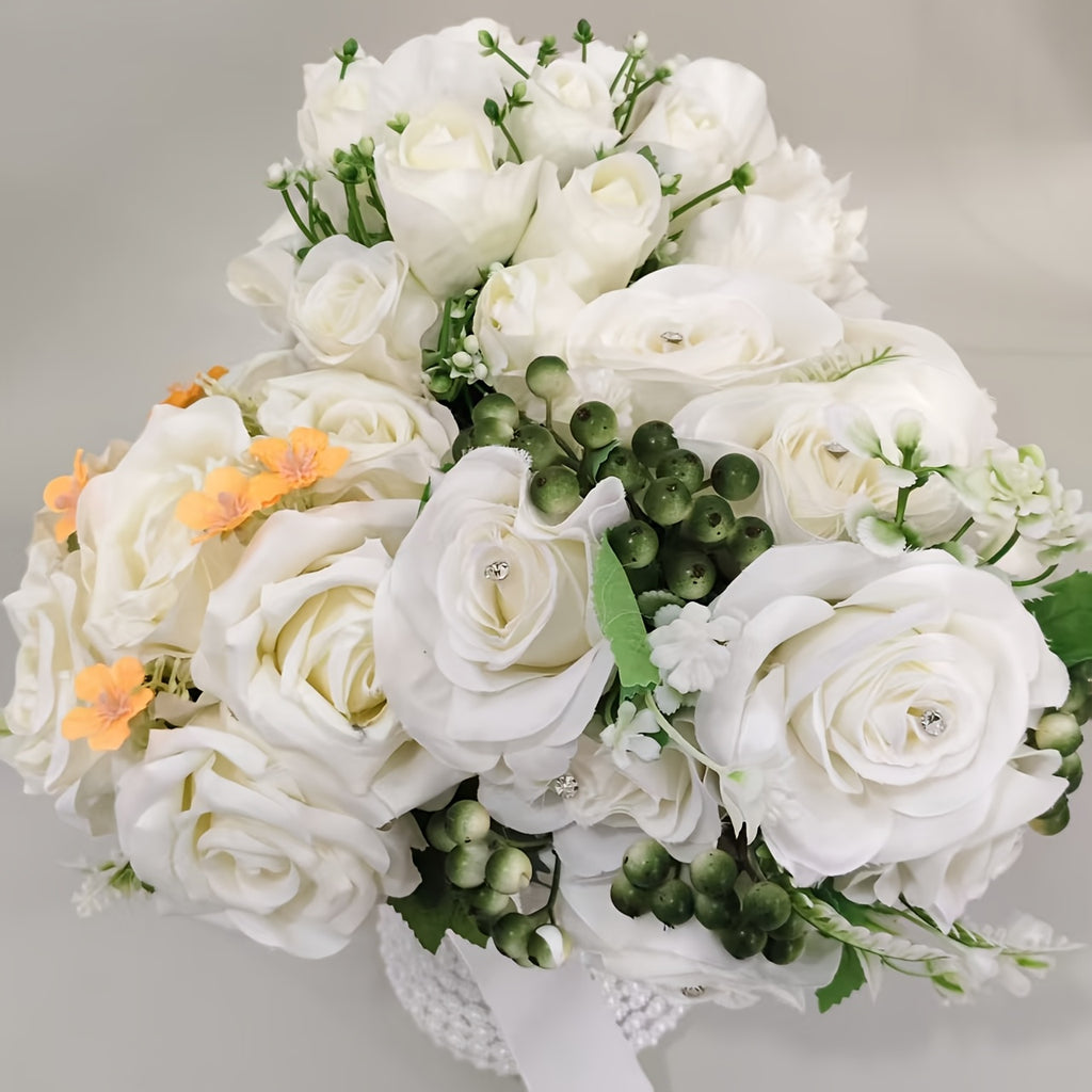A Faux Bridal Bouquet with Green Leaves for a Forest-Themed Wedding, Perfect for Home Decoration