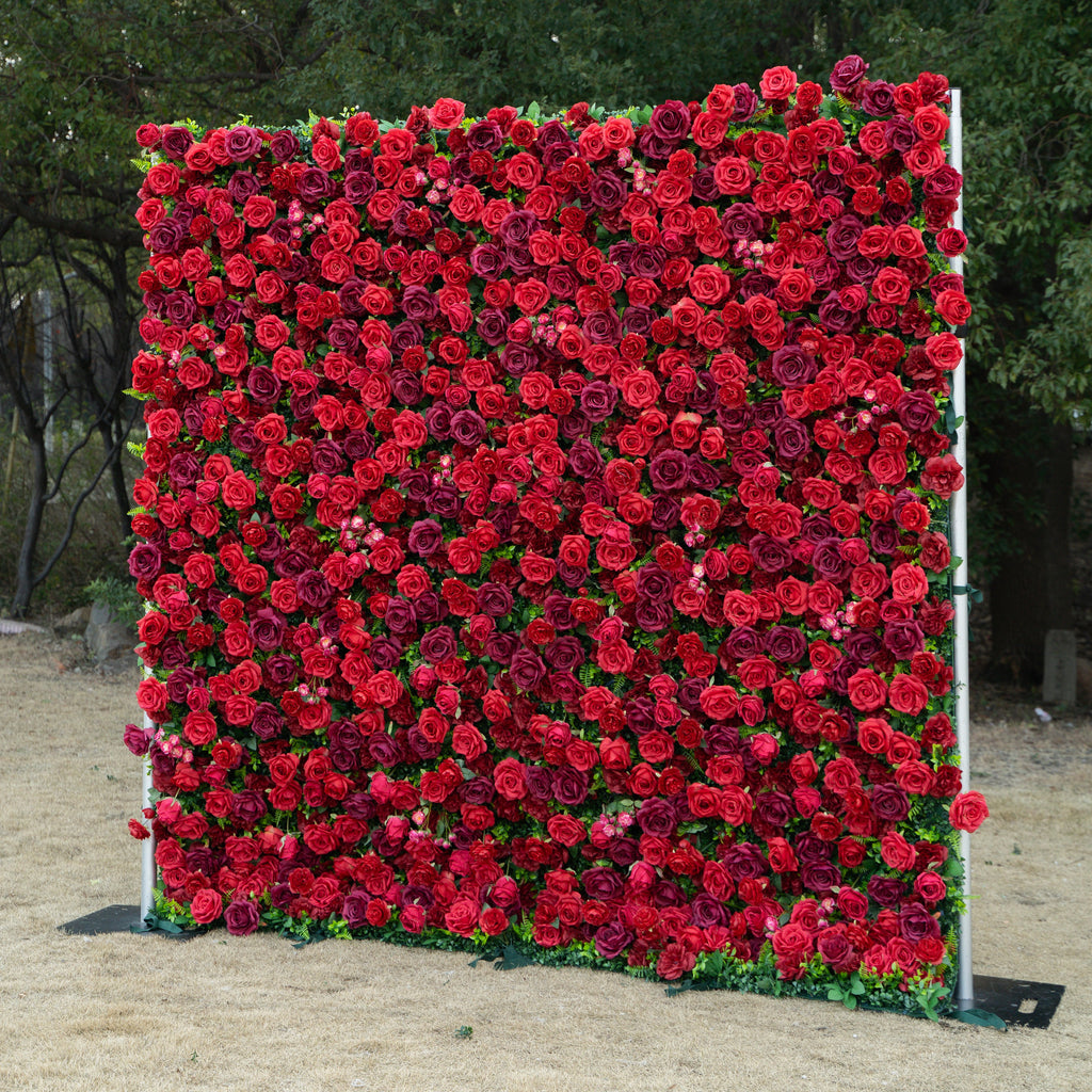Elysia: 3D Luxury Burgundy Silk Rose Flower Wall Roll-Up Fabric Backdrop for Romantic Weddings & Events Free Shipping