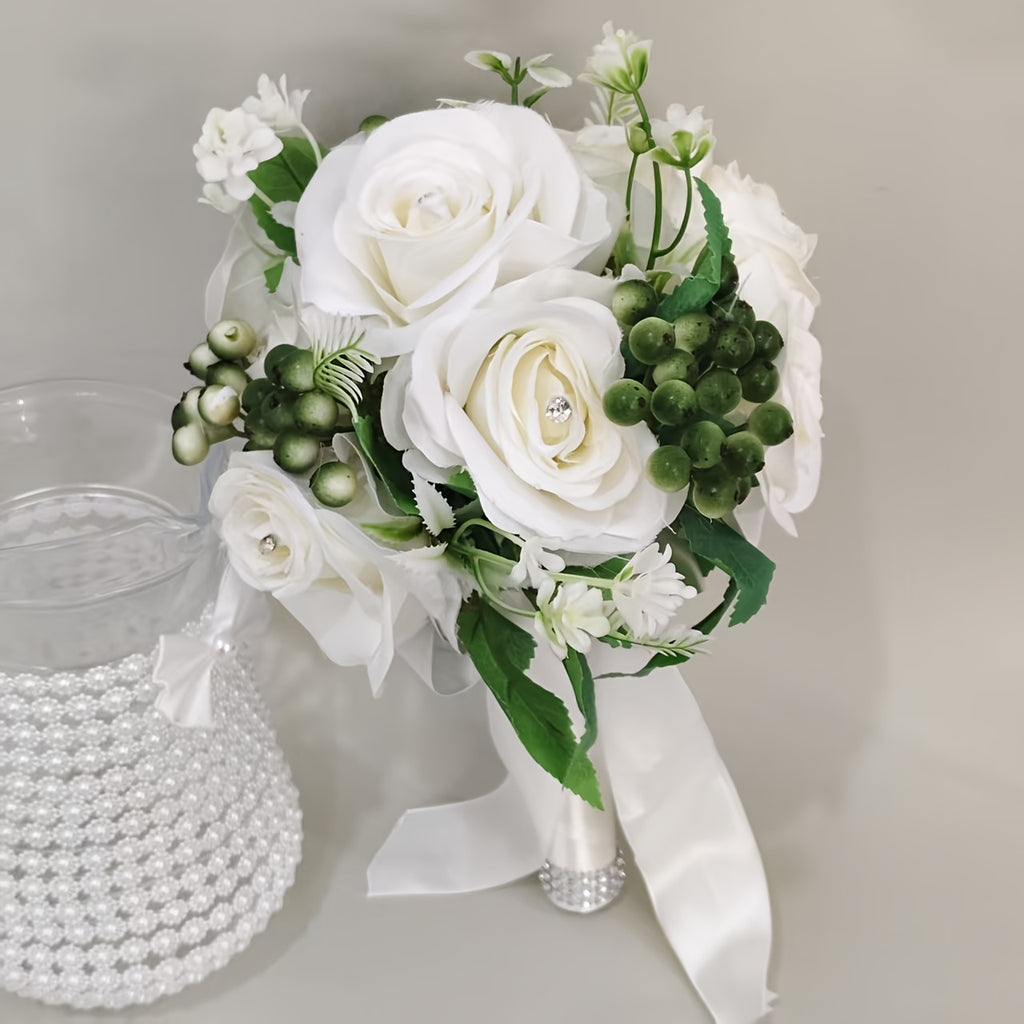 A Faux Bridal Bouquet with Green Leaves for a Forest-Themed Wedding, Perfect for Home Decoration