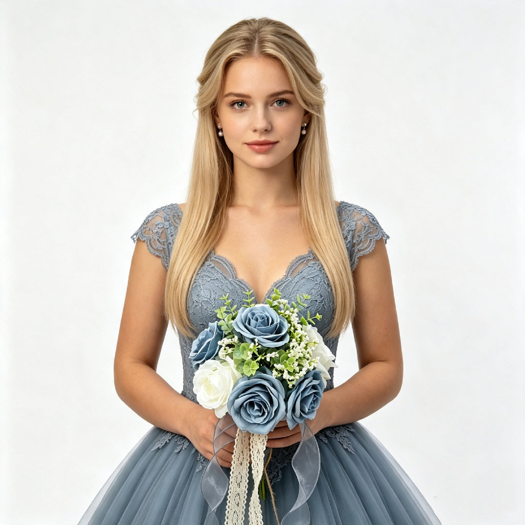 1pc Dusty Blue White Artificial Rose Bridesmaid Bouquet, Faux Flower Wedding Hand Bouquet with Lace Ribbon, Baby Breath Greenery for Wedding Ceremony Party Decor