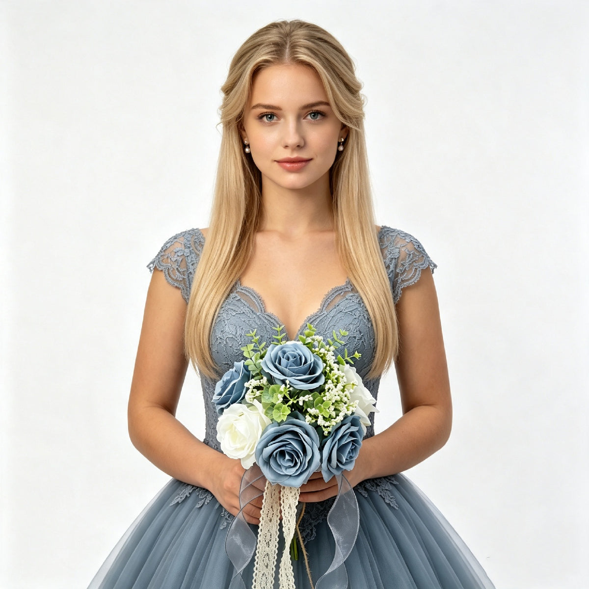 1pc Dusty Blue White Artificial Rose Bridesmaid Bouquet, Faux Flower Wedding Hand Bouquet with Lace Ribbon, Baby Breath Greenery for Wedding Ceremony Party Decor