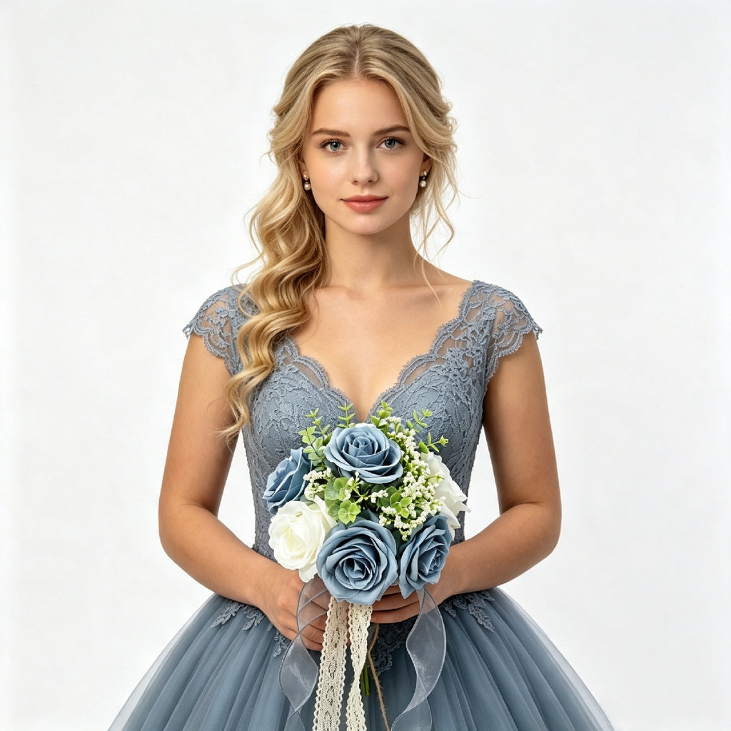 1pc Dusty Blue White Artificial Rose Bridesmaid Bouquet, Faux Flower Wedding Hand Bouquet with Lace Ribbon, Baby Breath Greenery for Wedding Ceremony Party Decor