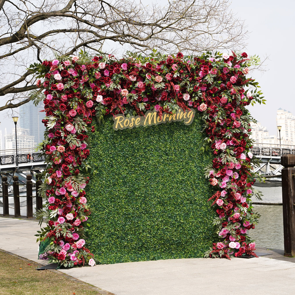Rose Morning“The flower walls are made of artificial flowers in various colors, layered at different levels to create a lush, elegant and natural look. The exclusive zipper design and roll-up design make it easy to install and remove.”