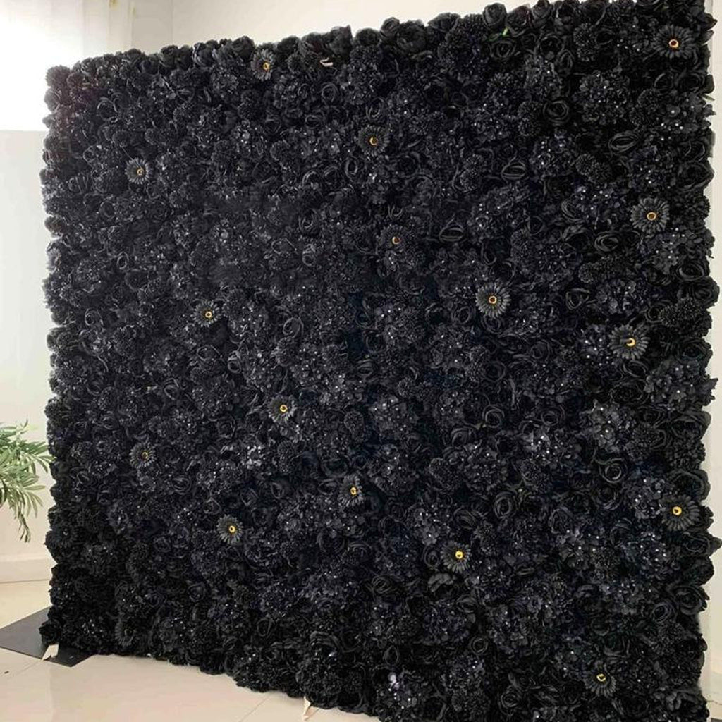 US DDP Full Black  Flower Roll Up Curtain Fabric Cloth Artifical Floral Wall for Wedding Party Home Salon Decor backdrop