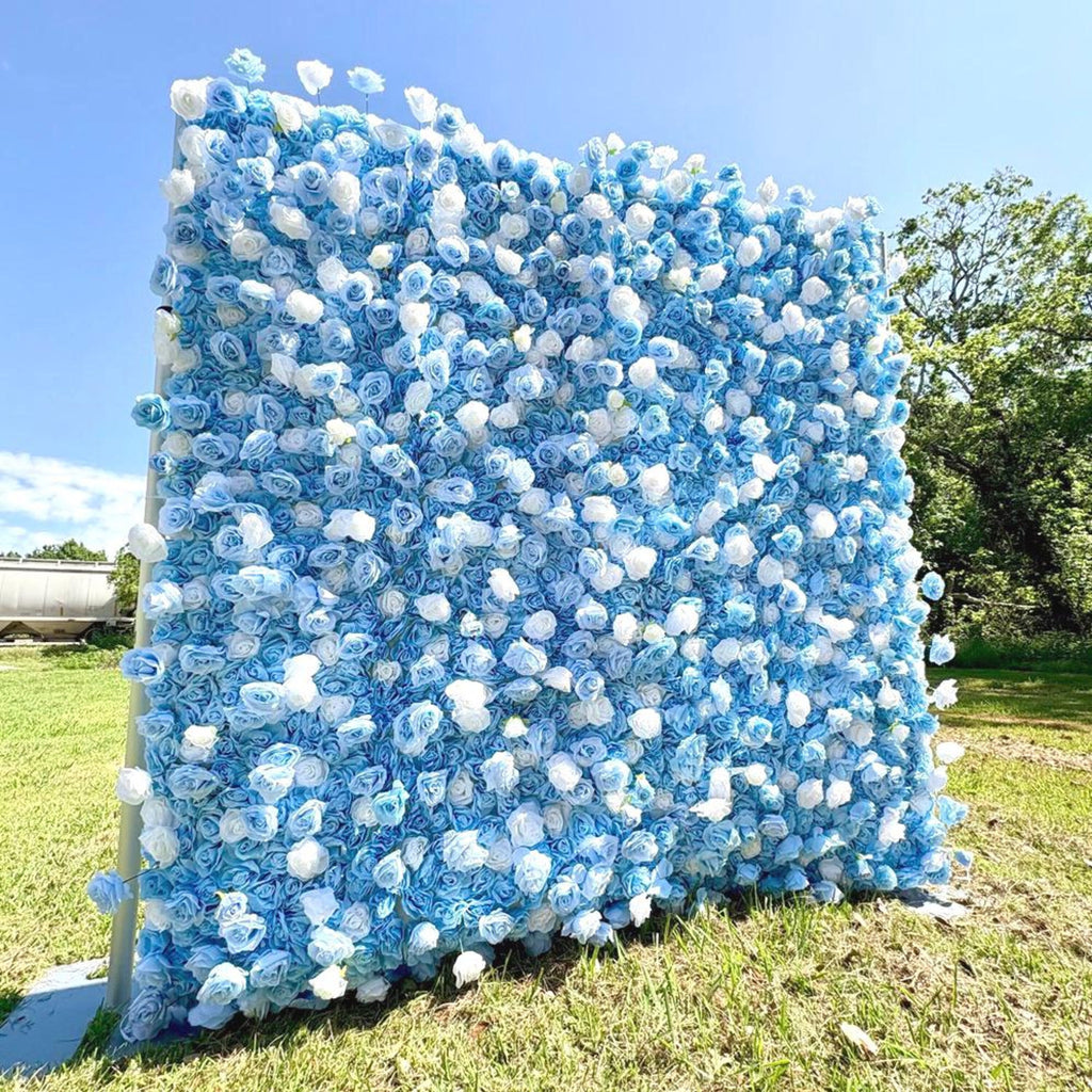 Ships from Houston|5D Blue and White Rose Fabric Flower Wall  - Flower Wall Rolling Up Curtain Wall, Wedding Party Photo Backdrop