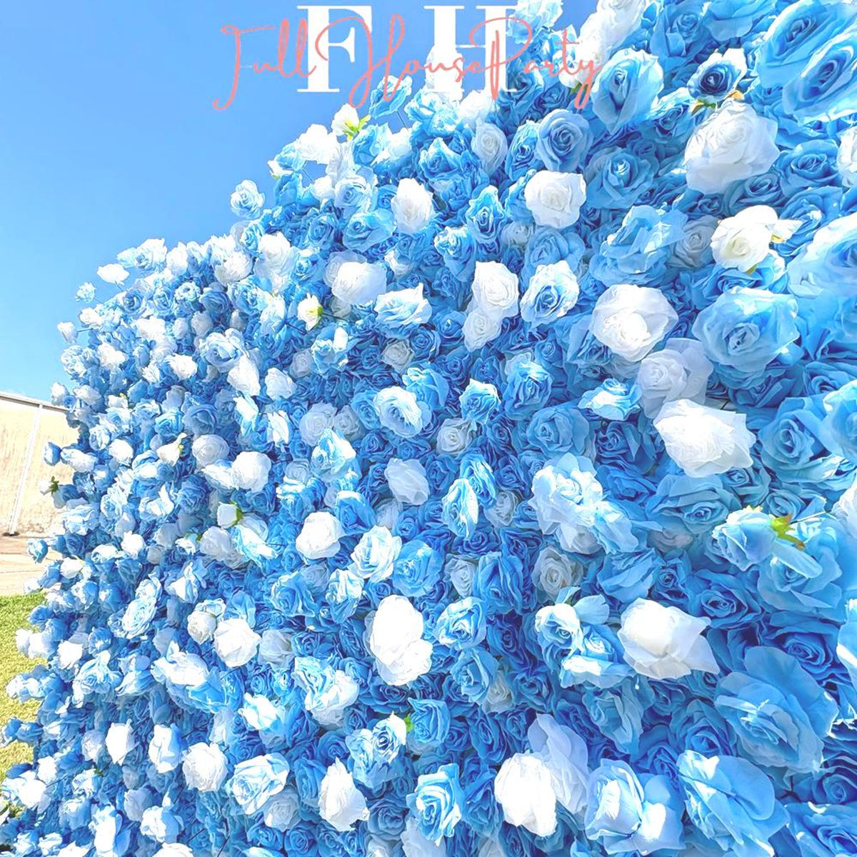 Ships from Houston|5D Blue and White Rose Fabric Flower Wall  - Flower Wall Rolling Up Curtain Wall, Wedding Party Photo Backdrop