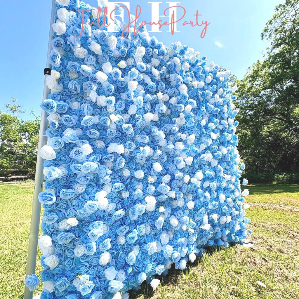 Ships from Houston|5D Blue and White Rose Fabric Flower Wall  - Flower Wall Rolling Up Curtain Wall, Wedding Party Photo Backdrop