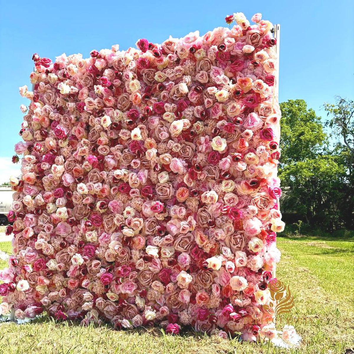 US Seller-5D pink Roses Flower Wall8*8ft - Flower Wall Rolling Up Curtain Wall, flower Fabric Backdrop，Artificial rolling up curtain flower