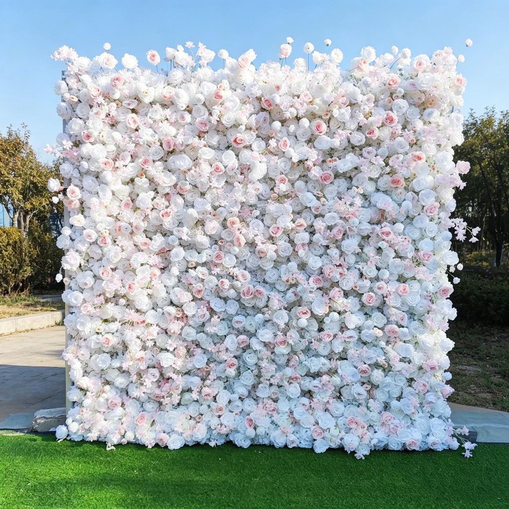 US Stock! 5D Pink & Chanpane Rose Flower Wall Fabric Cloth Vintage Style Artificial Floral Backdrop for Wedding Party Event Easy Roll Up