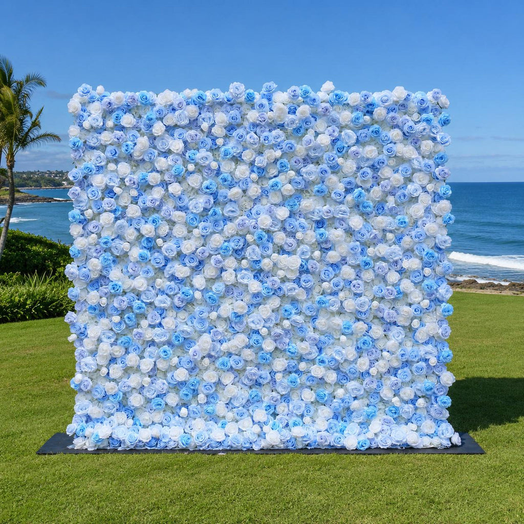 Flower Wall Backdrop [Cinderella Blue White Rose Roll-Up Fabric Panel] for Ceremony & Photo Booth