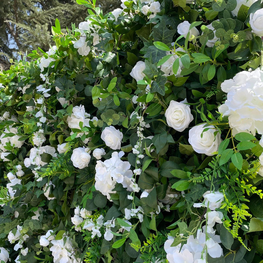 Flower Wall Backdrop [Verdant White Rose Greenery Roll-Up Fabric Panel] for Ceremony & Photo Booth