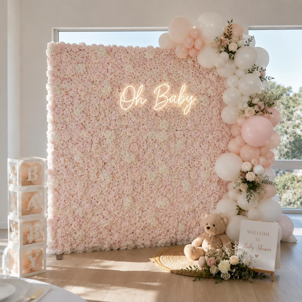 Flower Wall Backdrop | Pink Garden Rose Roll-Up Floral Panel for Wedding Ceremony & Photo Booth