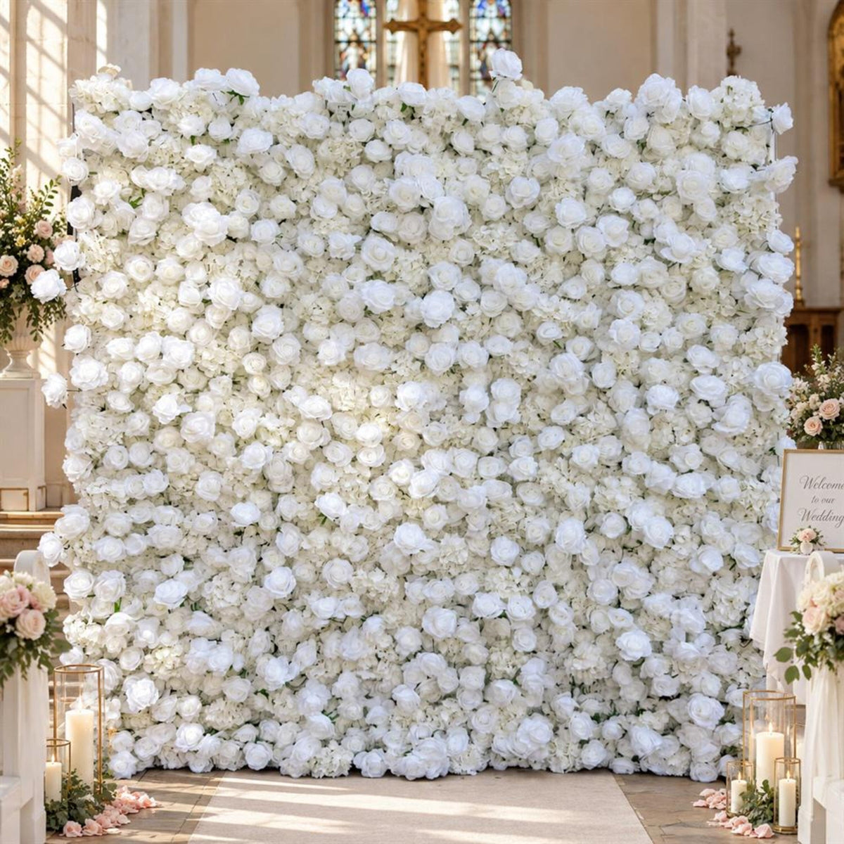 Ships from Houston | 8x8ft White Rose Flower Wall | Roll-Up Fabric Floral Backdrop | Wedding Photo Booth & Party Decor