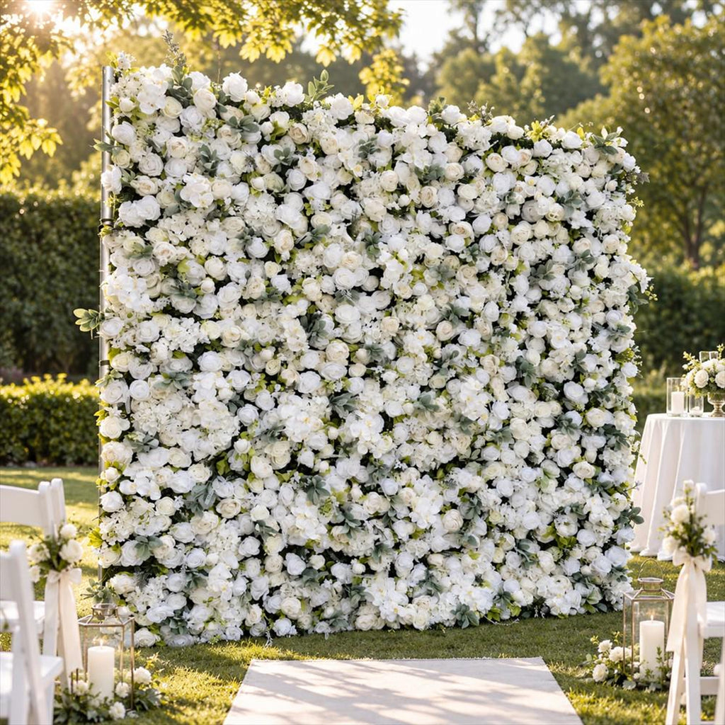Ships from Houston | 8*8Ft-5D White Rose Flower Wall , Fabric Flower Roller Curtain Backdrop, Wedding Party Photo Wall Decor