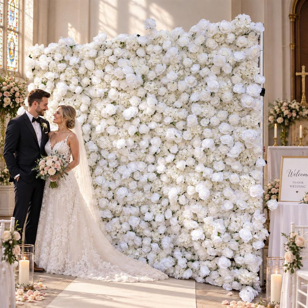 Ships from Houston | 8x8ft White Rose Flower Wall | Roll-Up Fabric Floral Backdrop | Wedding Photo Booth & Party Decor