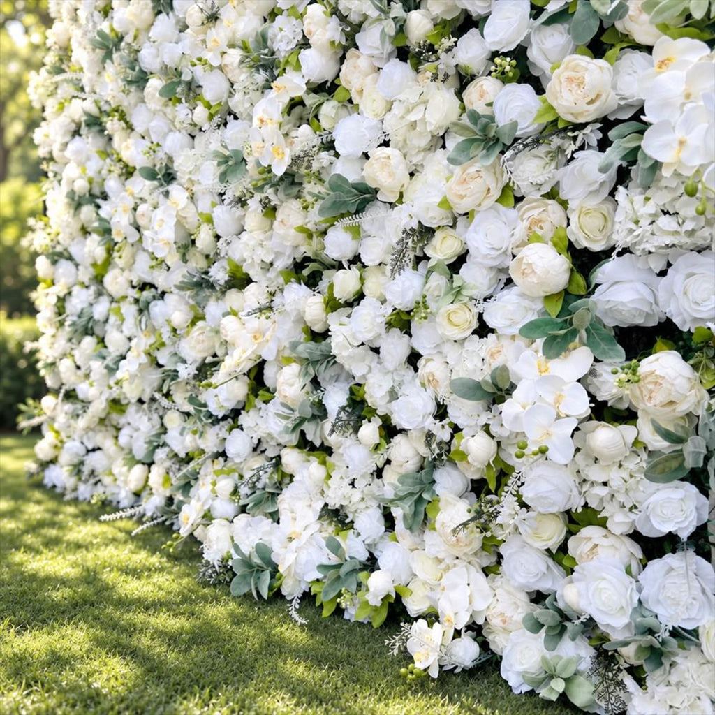 Ships from Houston | 8*8Ft-5D White Rose Flower Wall , Fabric Flower Roller Curtain Backdrop, Wedding Party Photo Wall Decor