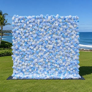 Flower Wall Backdrop [Cinderella Blue White Rose Roll-Up Fabric Panel] for Ceremony & Photo Booth
