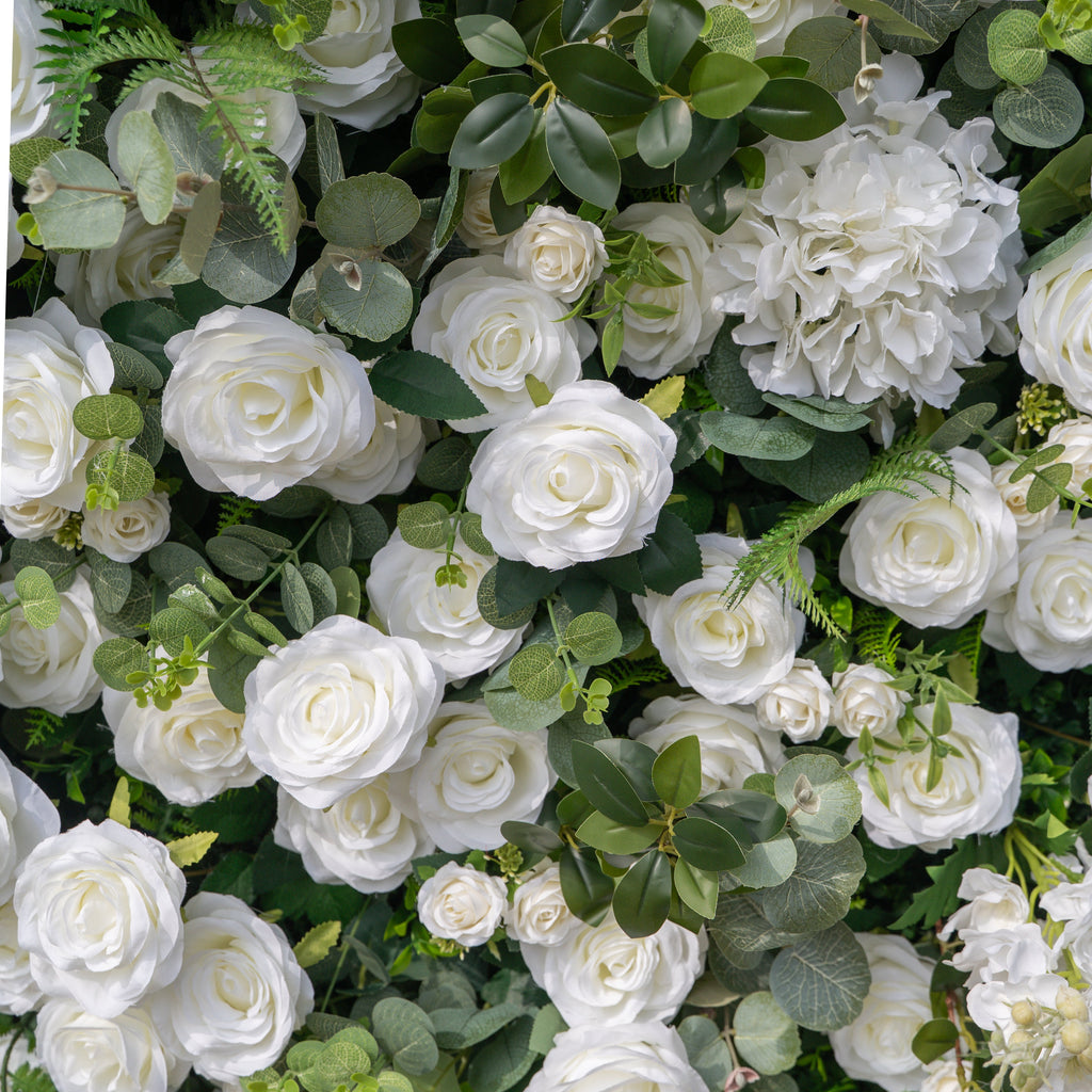 Orin: 5D Elegant White Silk Rose & Greenery Wall Roll-Up Fabric Backdrop for Grand Garden Weddings & Receptions Free Shipping