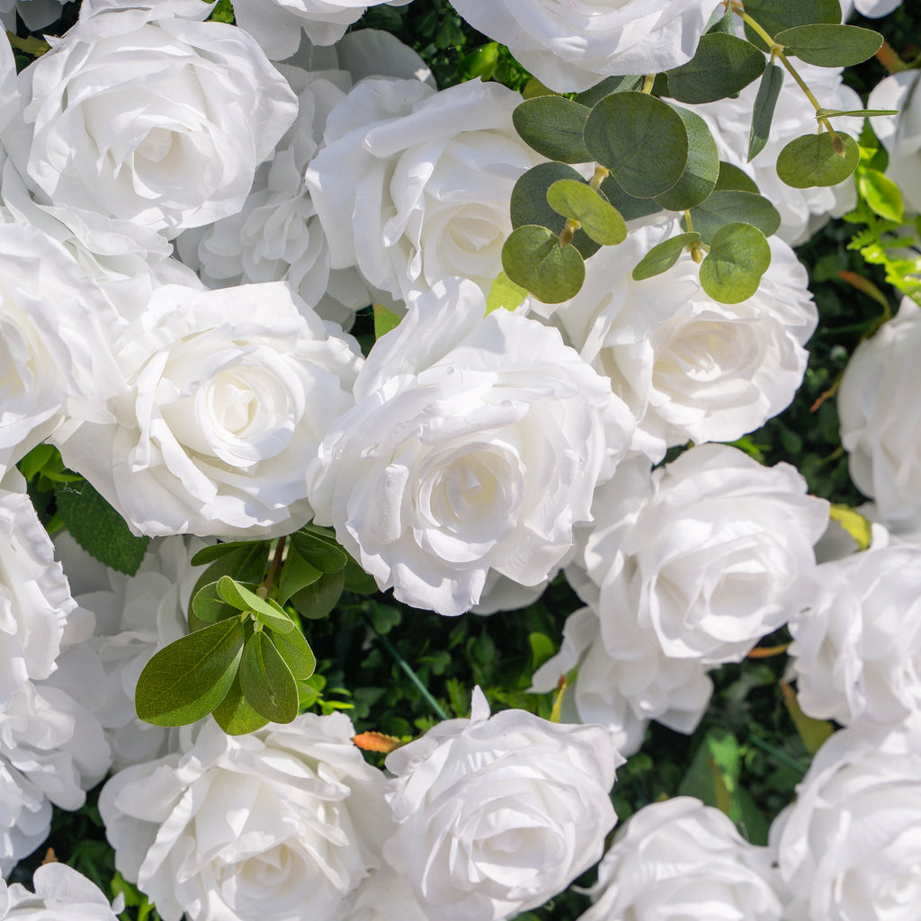 Seren: 3D Luxury White Rose & Greenery Silk Floral Wall Roll-Up Fabric Backdrop for Elegant Ceremonies & Garden Receptions Free Shipping