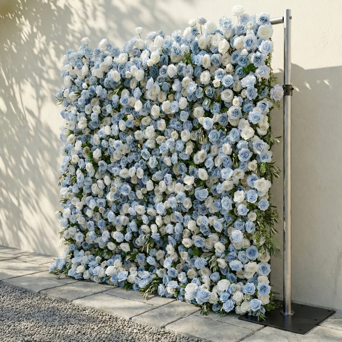 Stellan: 5D Elegant Serene Blue & Ivory Silk Floral Wall Roll-Up Fabric Backdrop for Seaside Weddings & Parties Free Shipping