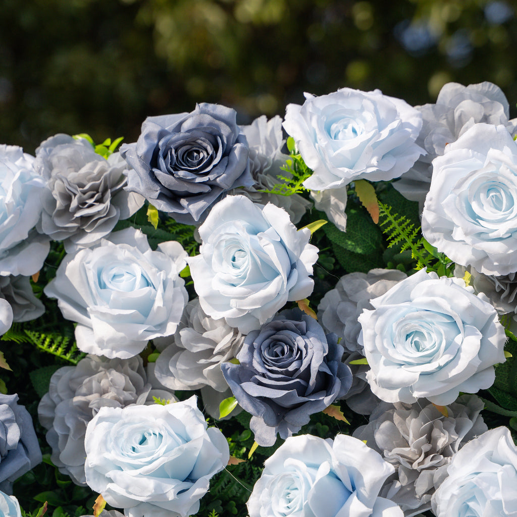 Velora: 3D Dusty Blue Rose Roll-Up Fabric Curtain Floral Backdrop for Weddings & Luxury Events Free Shipping
